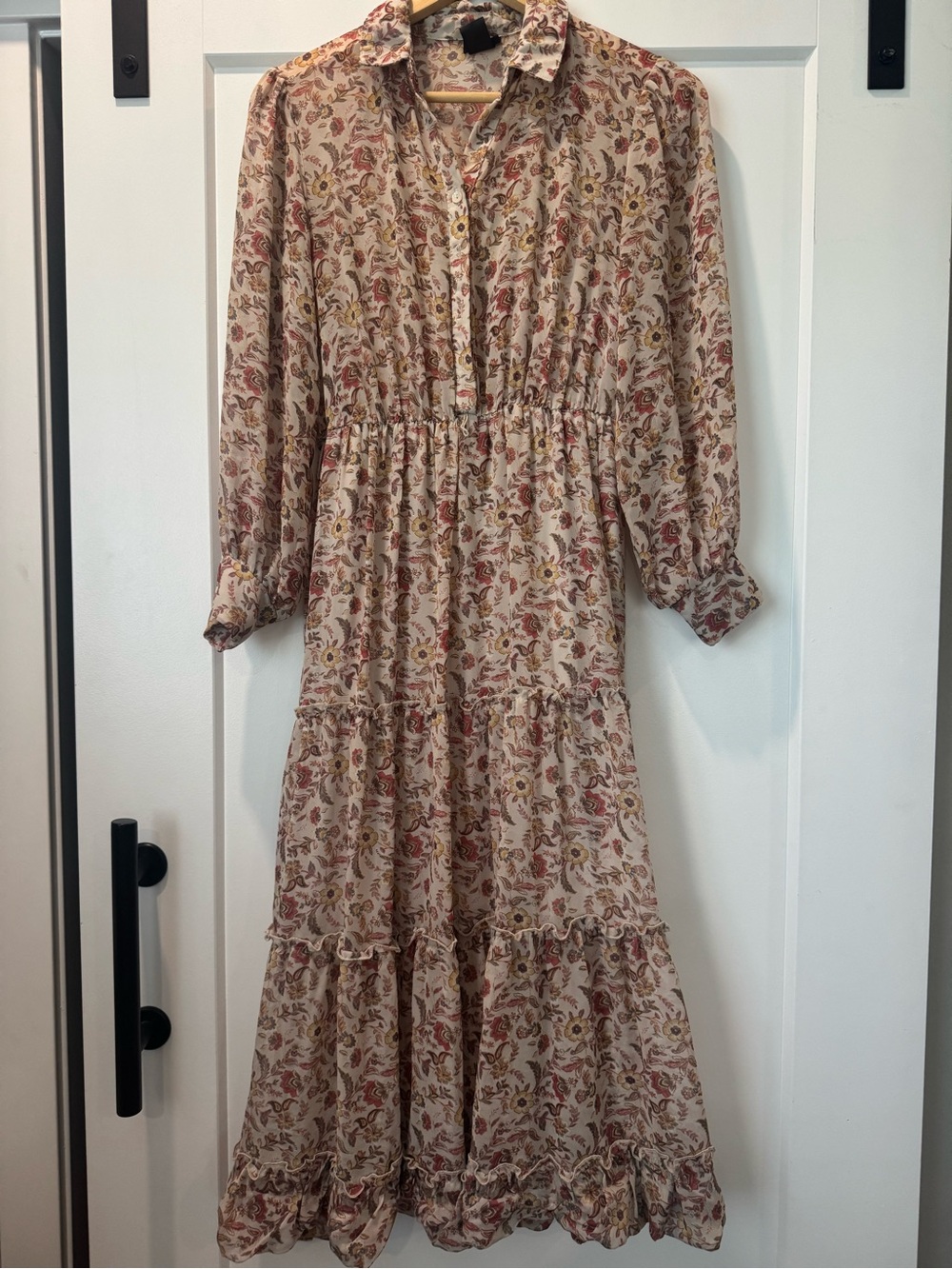 Beige Floral Tiered Maxi Dress with Long Sleeves